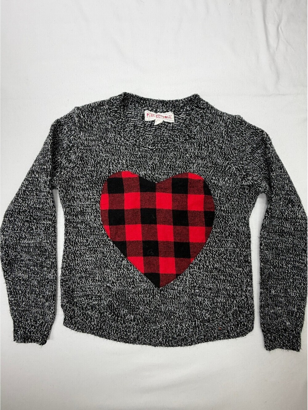 Pink Republic Girl's Sweater Plaid Heart Crew Neck Pullover Size M (10-12) Grey